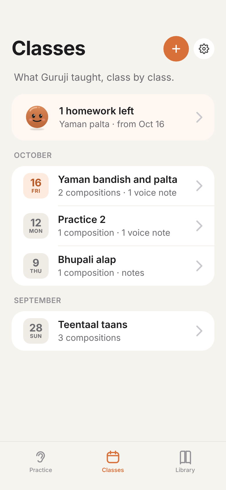 The Classes tab listing October and September lessons, each with its compositions and voice notes