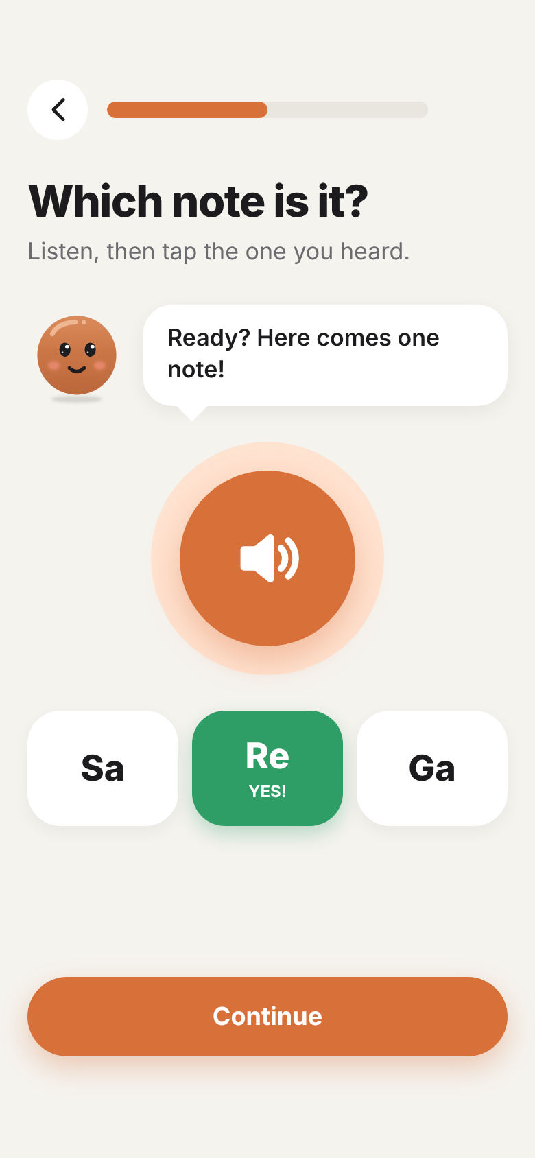 The ear game asking which note it is, with Re marked green as the right answer