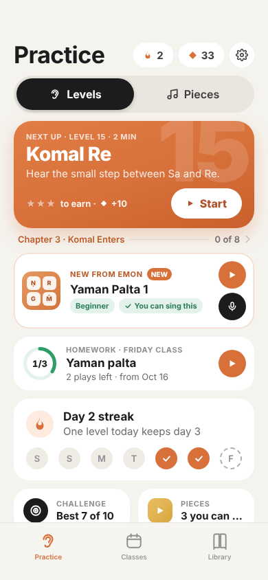 The Practice tab with Friday's homework, Yaman palta, two plays left
