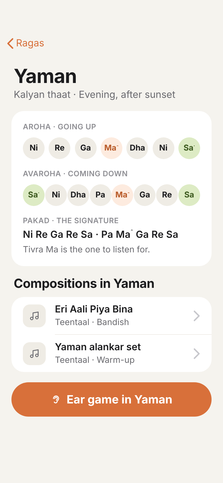 Raga Yaman: Kalyan thaat, evening, with its aroha, avaroha and pakad